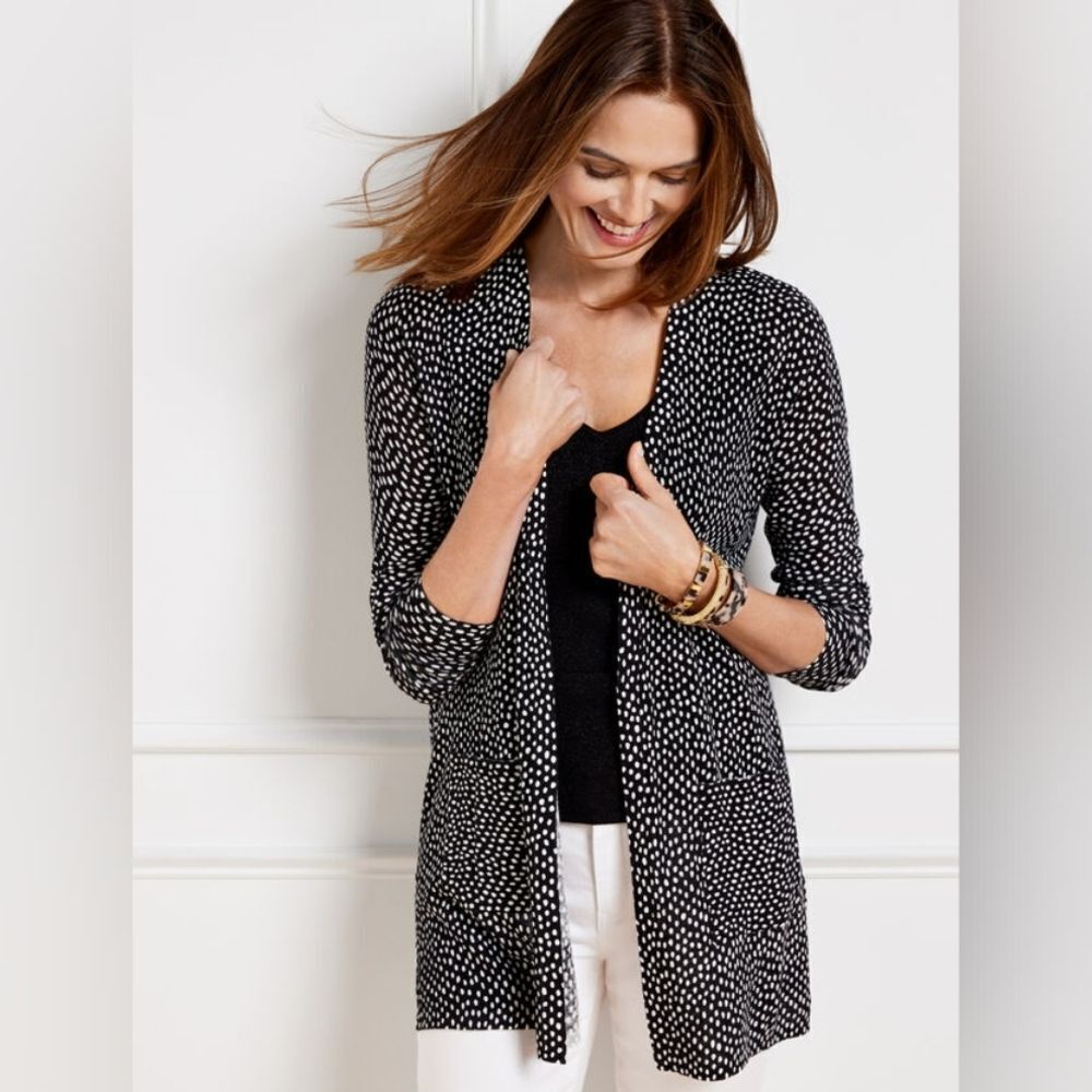 Talbots Linen Blend Open Front Long Line Cardigan Sweater Painted Dots Size XL